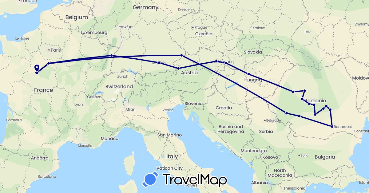 TravelMap itinerary: driving in Austria, Germany, France, Hungary, Romania, Slovakia (Europe)